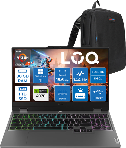 Loq 15ARP9 Amd Ryzen 7 7435HS 80GB Ddr5 1tb SSD Windows 11 Pro 4070 8gb 115W 15.6" Fhd (1920X1080) IPS 300NITS 144Hz Taşınabilir Bilgisayar 83JC00FGTRP45 + Zetta Çanta