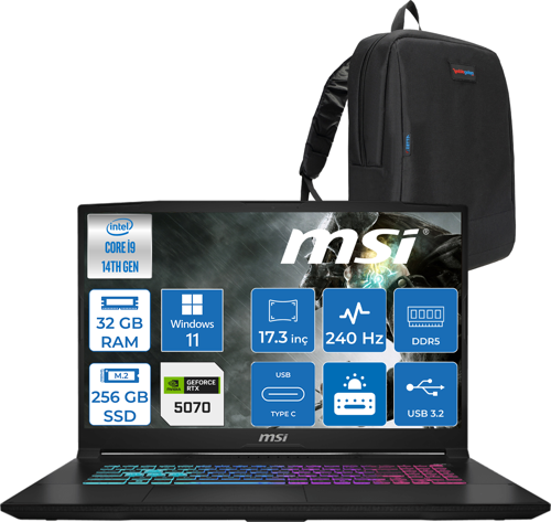 Katana 17 Hx B14WGK-048XTR 14. Nesil Intel İ9-14900HX 32GB Ddr5 256GB SSD 8GB/RTX5070 115W 17.3" Qhd (2560*1440), 240Hz IPS Windows 11 Home Gaming Bilg. W048XTRH06+ZETTAÇANTA