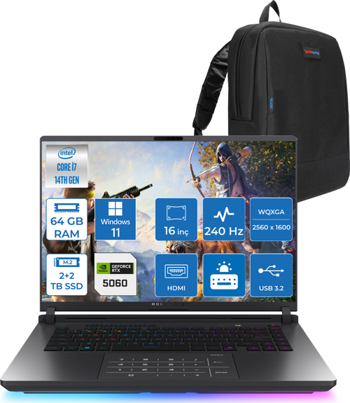 Rog Strix G16 G615JMR-S5049 Intel® Core™ I7 14650HX 64GB 2tb Ssd+2tb SSD 8GB/RTX5060 Gddr7 115W 16 Inç 2,5k (2560 x 1600, Wqxga) 240Hz 3ms  WINDOWS11HOME Gaming Laptop WS5049H30+ZETTAÇANTA