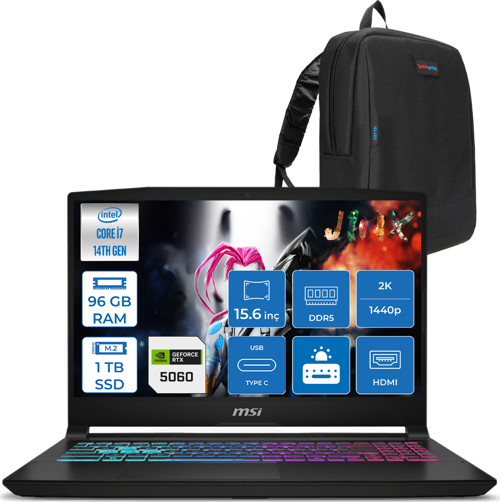 Katana 15 Hx B14WFK-449XTR 14. Nesil Intel İ7-14650HX 96GB Ddr5 1tb SSD 8GB/RTX5060 115W 15.6" Qhd 2560X1440 165Hz IPS Freedos Taşınabilir Bilgisayar. W449XTRF28+ZETTAÇANTA