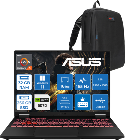 Tuf Gaming A16 FA608PP Amd Ryzen 9 8940HX Aı 64GB Ddr5 512GB SSD 8GB/RTX5070 115W 165Hz 16"wqxga 2.5k 400NITS IPS Windows 11 Pro Gaming Bilg. WQT060P17+ZETTAÇANTA
