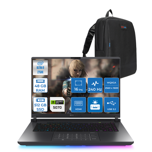 Rog Strix G16 Intel Core Ultra 9 275HX  48GB Ddr5 512GB SSD 8GB/RTX5070/115W 16" 2.5k 240Hz 3ms IPS Freedos Taşınabilir Bilgisayar S5116F17 + Zettaçanta