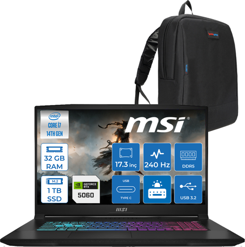 Msı Katana 17 Hx B14WFK-215XTR 14. Nesil Intel I7-14650HX 32GB Ddr5 1tb SSD 8GB/RTX5060 115W 17.3" Qhd (2560*1440), 240Hz IPS Freedos Taşınabilir Bilgisayar. W215XTRF08+ZETTAÇANTA