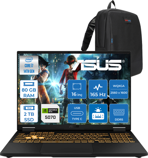 Tuf Gaming F16 FX608JPR 14. Nesil Intel I7-14650HX 80GB Ddr5 2tb SSD 8GB/RTX5070 115W 165Hz 16"wqxga 2.5k 400NITS IPS Freedos Gaming Bilg. WQT070F24+ZETTAÇANTA