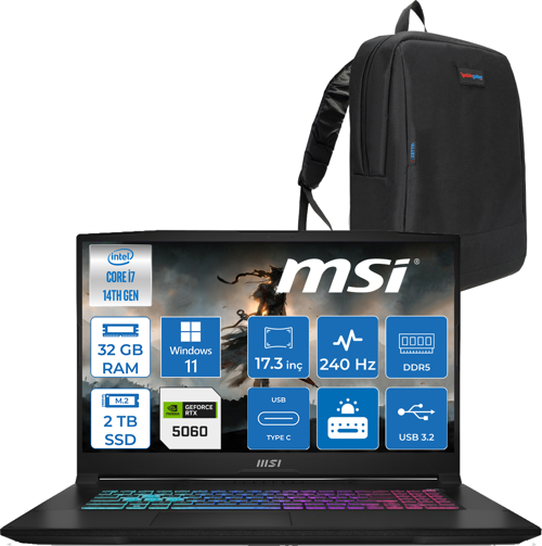 Katana 17 Hx B14WFK-046XTR 14. Nesil Intel I7-14650HX 32GB Ddr5 2tb SSD 8GB/RTX5060 115W 17.3" Qhd (2560*1440), 240Hz IPS Windows 11 Pro Gaming Bilg. W046XTRP09+ZETTAÇANTA