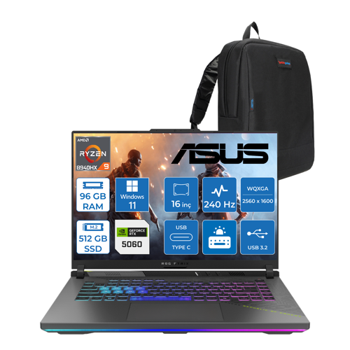 Rog Strix G16 G614PM-S5062 Amd Ryzen 9 8940HX Aı 96GB GB 512GB SSD 8GB/RTX5060 Gddr7 115W 16"/ 2.5k (2560 x 1600, Wqxga) 3ms 240Hz, 500 Nits Windows 11 Pro Gaming Laptop WS5062W41+ZETTAÇANTA