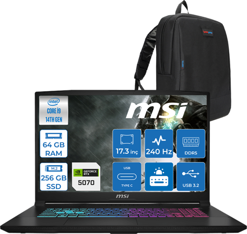 Katana 17 Hx B14WGK-048XTR 14. Nesil Intel İ9-14900HX 64GB Ddr5 256GB SSD 8GB/RTX5070 115W 17.3" Qhd (2560*1440), 240Hz IPS Freedos Gaming Bilg. W048XTRF16+ZETTAÇANTA