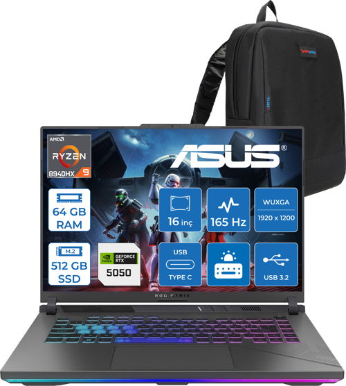 Rog Strix G16 G614PH Amd Ryzen 9 8940HX Aı 64GB GB 512GB SSD 8GB/RTX5050 Gddr7 115W 16" Wuxga 165Hz 300NİTS  Freedos Taşınabilir Bilgisayar WARV057F25+ZETTAÇANTA