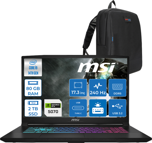 Katana 17 Hx B14WGK-048XTR 14. Nesil Intel İ9-14900HX 80GB Ddr5 2tb SSD 8GB/RTX5070 115W 17.3" Qhd (2560*1440), 240Hz IPS Freedos Gaming Bilg. W048XTRF24+ZETTAÇANTA