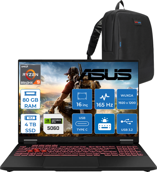 Tuf Gaming A16 FA608PM-RV026 Amd Ryzen 9 8940HX Aı 80GB Ddr5 4tb SSD RTX5060-8GB 115W 165Hz 16"wuxga IPS Freedos Taşınabilir Bilgisayar WRV026F25+ZETTAÇANTA