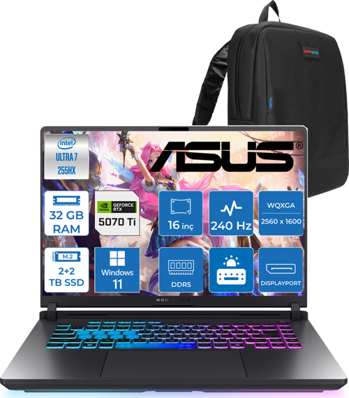 Rog Strix G16 G615LR  Intel Ultra 7 255HX Aı 32GB GB 2tb Ssd+2tb SSD 12GB/RTX5070Tİ Gddr7 140W 16" 2.5k 2560 x 1600 Wqxga 240Hz 3ms 500NITS  WIN11HOME Gaming Laptop ZS5212H14+ZETTAÇANTA