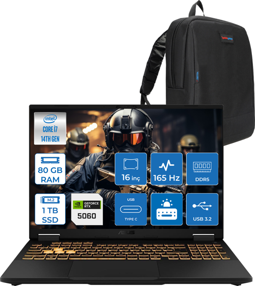 Tuf Gaming F16 FX608JMR 14. Nesil Intel I7-14650HX 80GB Ddr5 1tb SSD 8GB/RTX5060 115W 165Hz 16"wuxga Fhd+ 300NITS IPS Freedos Gaming Bilg. WRV077F23+ZETTAÇANTA