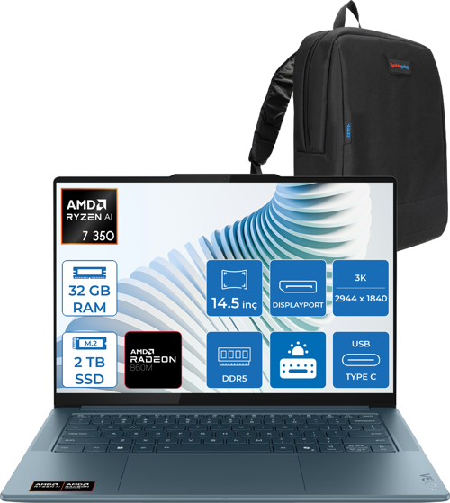 Yoga Pro 7 14AKP10  Amd Ryzen Aı 7 350 32GB Ram 2tb SSD 14.5" 3k (2944X1840) OLED 1000NITS Freedos Taşınabilir Bilgisayar YG83KG000GTRF04+ZETTAÇANTA