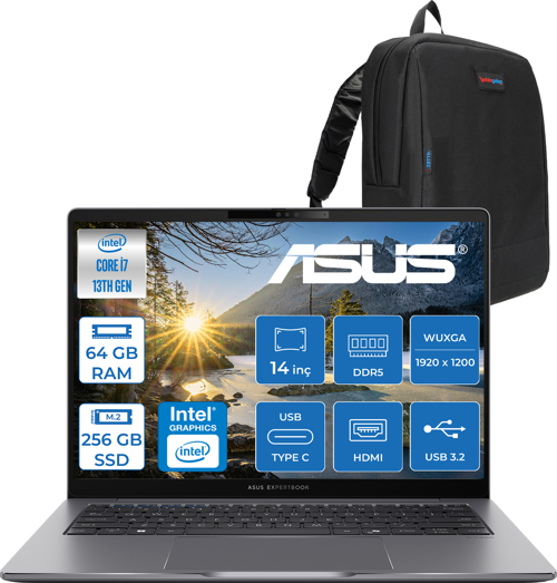 Expertbook P3 P3405CVA Intel Core I7-13620H 64GB Ddr5 256GB SSD Freedos 14" 300NITS Wuxga Intel UHD Taşınabilir Bilgisayar WP3405CVAF021+ZETTAÇANTA