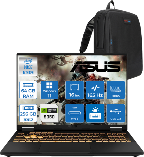Tuf Gaming F16 FX608JHR 14. Nesil Intel I7-14650HX 64GB Ddr5 256GB SSD 8GB/RTX5050 115W 165Hz 16"wuxga Fhd+ 300NITS IPS WIN11PRO Gaming Bilg. WRV055P16+ZETTAÇANTA