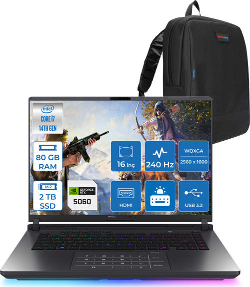 Rog Strix G16 G615JMR-S5049 Intel® Core™ I7 14650HX 80GB 2tb SSD 8GB/RTX5060 Gddr7 115W 16 Inç 2,5k (2560 x 1600, Wqxga) 240Hz 3ms  Freedos Gaming Laptop WS5049F37+ZETTAÇANTA
