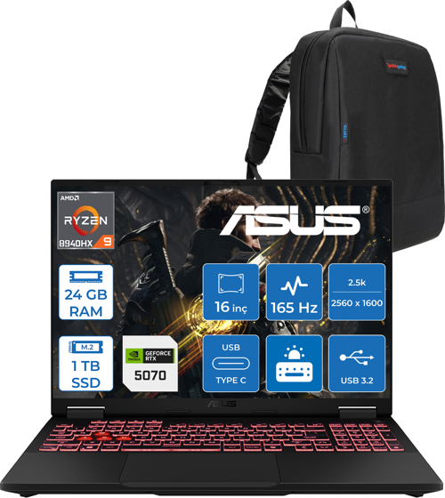 Tuf Gaming A16 FA608PP Amd Ryzen 9 8940HX Aı 24GB Ddr5 1tb SSD 8GB/RTX5070 115W 165Hz 16"wqxga 2.5k 400NITS IPS Freedos Gaming Bilg. WQT060F03+ZETTAÇANTA