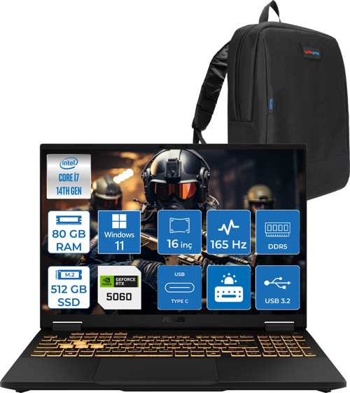 Tuf Gaming F16 FX608JMR 14. Nesil Intel I7-14650HX 80GB Ddr5 512GB SSD 8GB/RTX5060 115W 165Hz 16"wuxga Fhd+ 300NITS IPS WIN11PRO Gaming Bilg. WRV077P22+ZETTAÇANTA