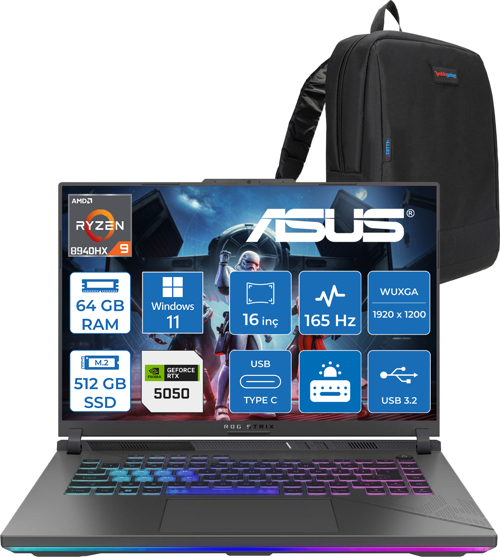 Rog Strix G16 G614PH Amd Ryzen 9 8940HX Aı 64GB GB 512GB SSD 8GB/RTX5050 Gddr7 115W 16" Wuxga 165Hz 300NİTS  Windows 11 Home Taşınabilir Bilgisayar WARV057H25+ZETTAÇANTA
