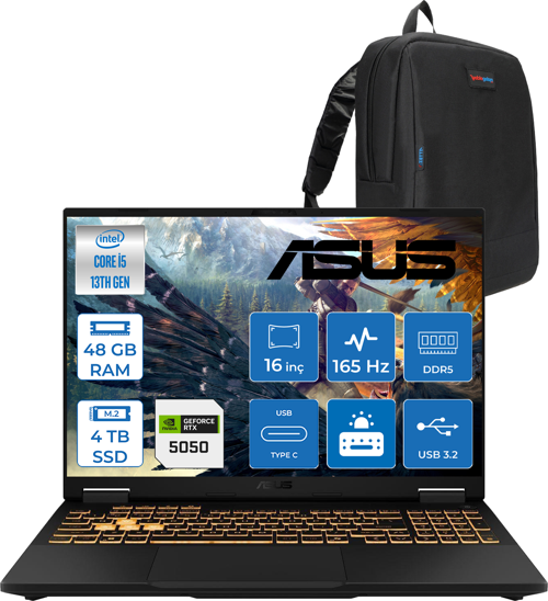 Tuf Gaming F16 FX608JH 13.nesil Intel İ5-13450HX 48GB Ddr5 4tb SSD 8GB/RTX5050 115W 165Hz 16"wuxga Fhd+ 300NITS IPS Freedos Gaming Bilg. WRV082F15+ZETTAÇANTA