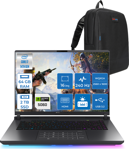 Rog Strix G16 G615JMR-S5049 Intel® Core™ I7 14650HX 64GB 2tb SSD 8GB/RTX5060 Gddr7 115W 16 Inç 2,5k (2560 x 1600, Wqxga) 240Hz 3ms  Freedos Gaming Laptop WS5049F29+ZETTAÇANTA