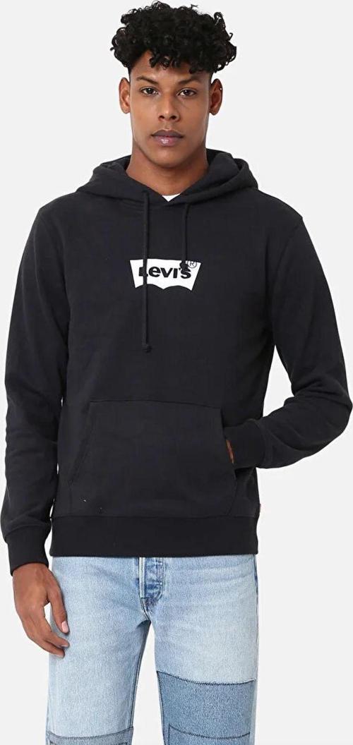 Erkek Kapüşonlu Baskılı Düz Siyah Sweatshirt - A2410-0013