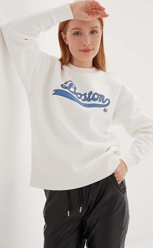 Bisiklet Yaka Baskılı Sweat Ekru