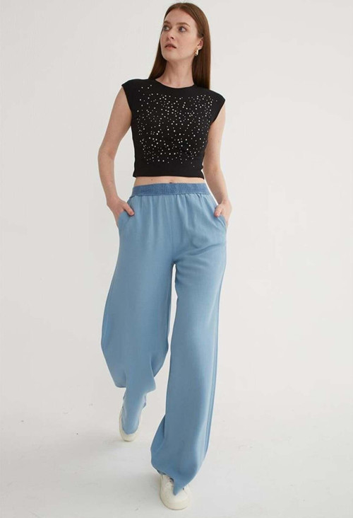 Beli Lastikli Geniş Paça Keten Pantolon Mavi