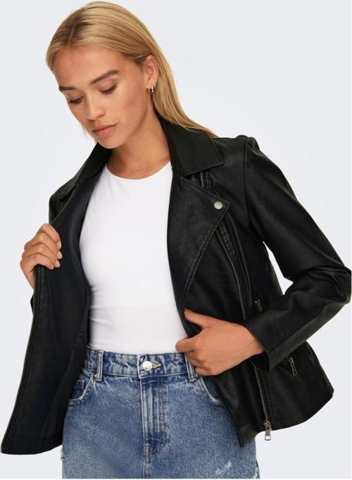 New Melisa Faux Leather Biker Kadın Siyah Ceket