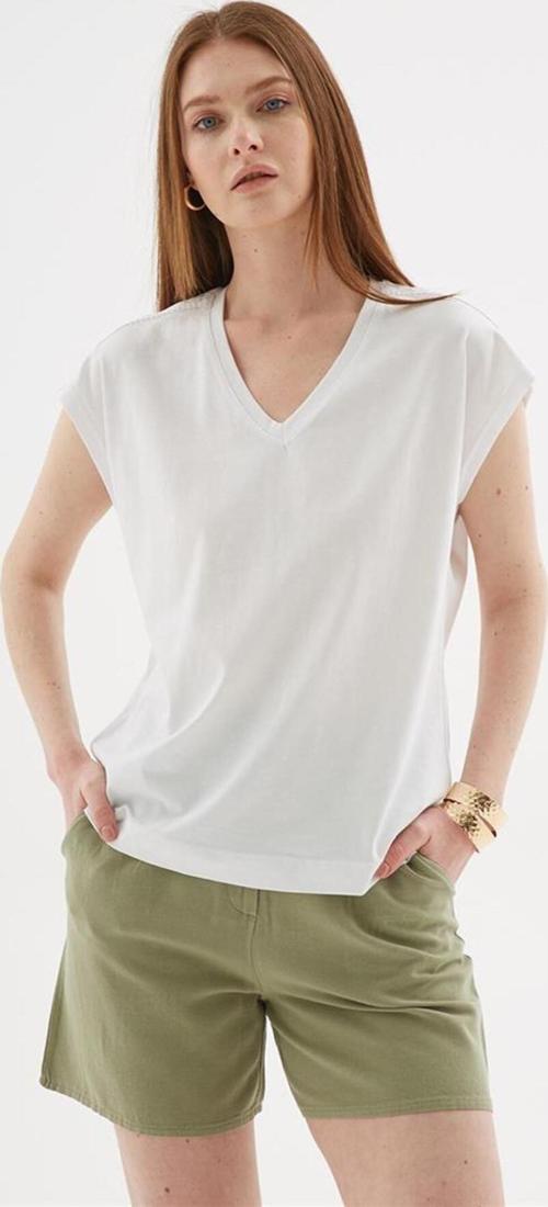 V Yaka %100 Pamuklu Bluz Beyaz