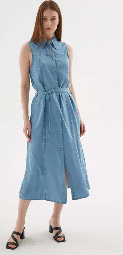 Denim Gömlek Elbise Mavi