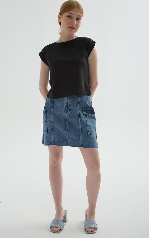 Kargo Cep Denim Etek Mavi
