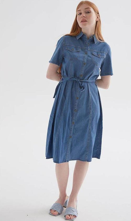 Kısa Kollu Kemerli Midi Denim Elbise Elbise 24Y0108K1