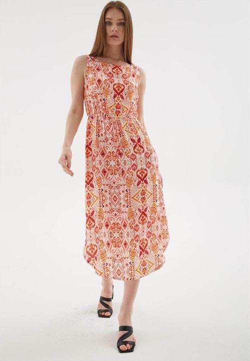 Desenli Viskon Elbise Ekru