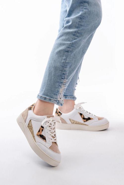 Sv-01 Beyaz Leopar Desenli Bağcıklı Kadın Spor Ayakkabı
