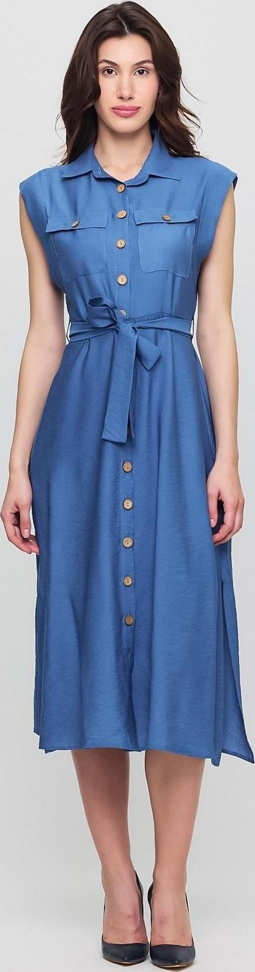 Kadın İndigo Kuşaklı Cep Detaylı Düğmeli Kolsuz Yandan Yırtmaçlı Aerobin Gömlek Yaka Elbise 4505/120