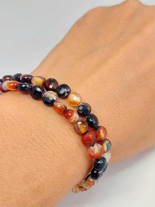 Akik Taşı YASSI Faset Kesim 6x4mm Unisex İkili Bileklik (42810)