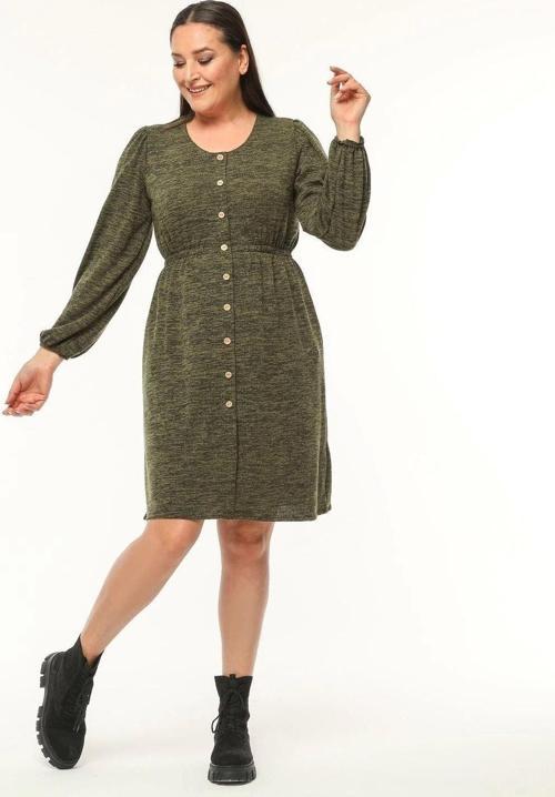 Kadın Haki Uzun Kollu Düğme Detaylı Triko Elbise 4482/105