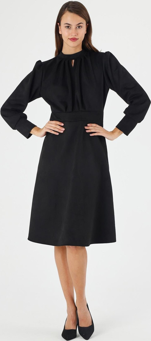 Kadın Süet Hakim Yaka Pile Detaylı Büzgülü Uzun Kol midi Boy Kloş Kışlık Elbise 4412/110