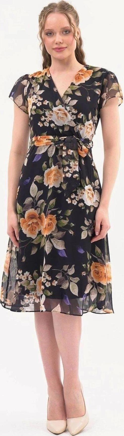 Kadın Hardal Bağlama Detaylı Kruvaze Yaka Midi Boy Desenli Şifon Elbise 4300/110