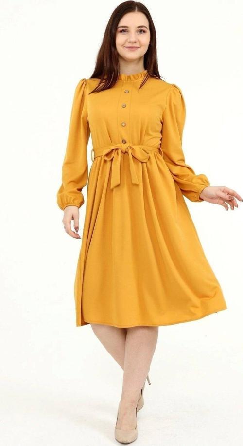 Kadın Fırfır yaka Detaylı Önden Düğmeli Uzun Kol Büzgülü Midi Boy Elbise 4416/110cm