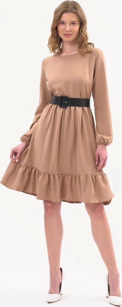 Kadın Pembe Eteği Fırfırlı Bisiklet Yaka Kemer Detaylı Elbise 4345/100