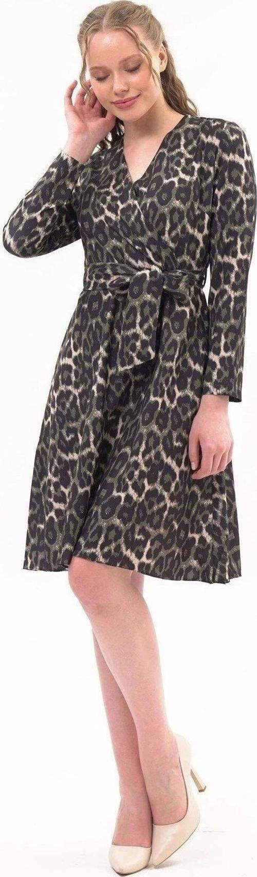 Kadın Kruvaze Yaka Bağlama Detaylı Leopar Desenli Mevsimlik Midi Elbise 4358/100