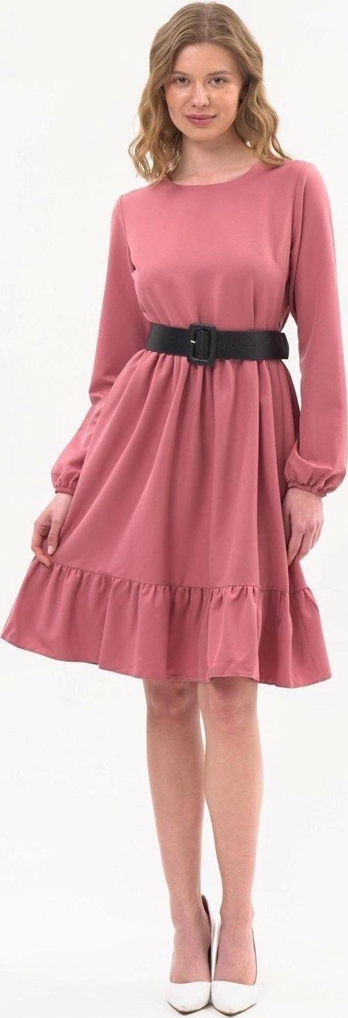 Kadın Pembe Eteği Fırfırlı Bisiklet Yaka Kemer Detaylı Elbise 4345/100