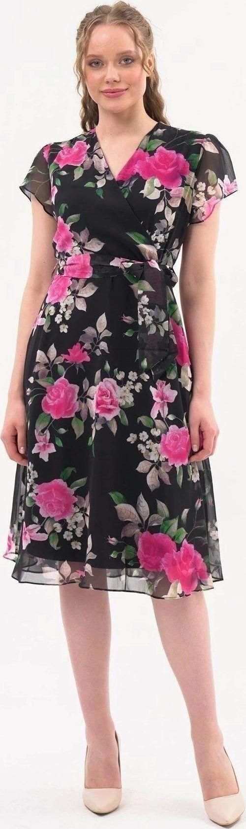 Kadın Fuşya Bağlama Detaylı Kruvaze Yaka Midi Boy Desenli Şifon Elbise 4300/110