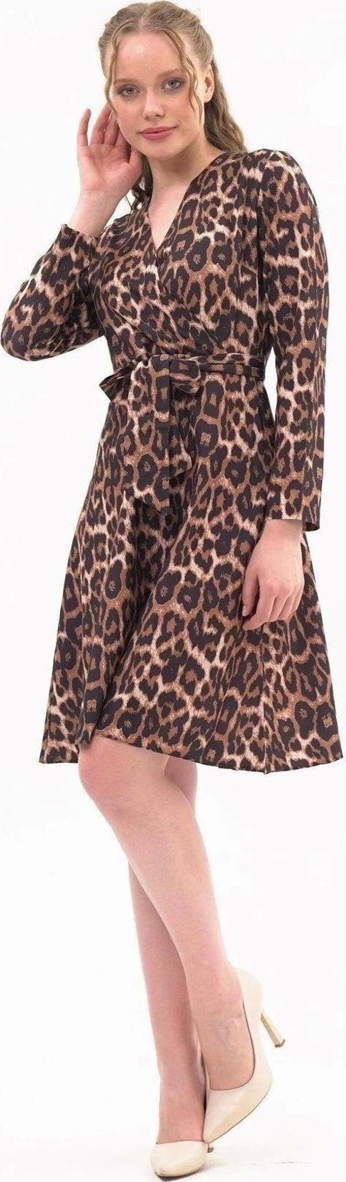Kadın Kruvaze Yaka Bağlama Detaylı Leopar Desenli Mevsimlik Midi Elbise 4358/100