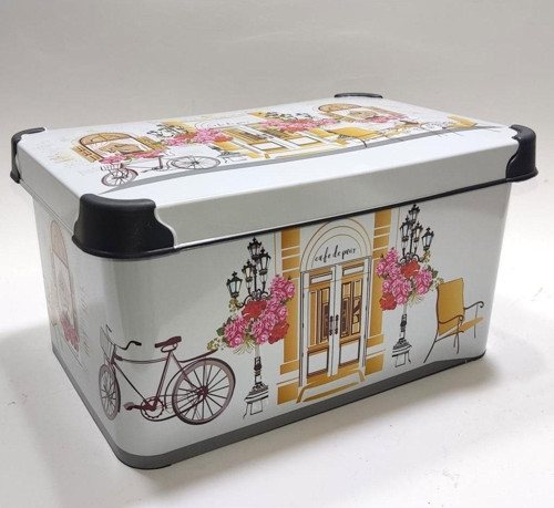 5 Litre Cafe De Pari Desen Kapaklı Dekoratif Kutu Plastik Saklama Kabı 28X19 H14Cm Hediye Için Süper