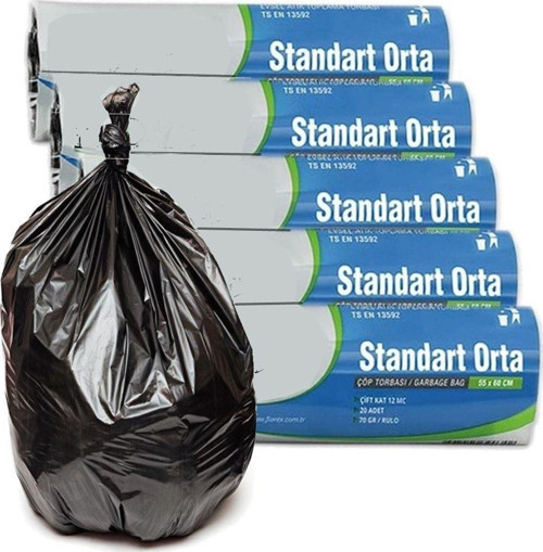 5 Rulo=Toplam 100 Adet Standart Orta 55X60 Siyah Çöp Poşeti Çöp Torbası