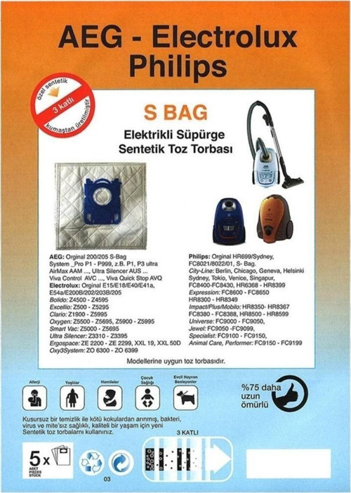 Özel Üretim 5 Adet Original 200/205 S-Bag Süpürge Toz Torbası %100 Toz Korumalı 3 Kat Elyaf