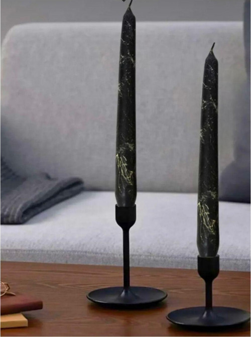 2’Li Siyah Renk Mermer Desenli Şamdan Mumu 25Cm Mum